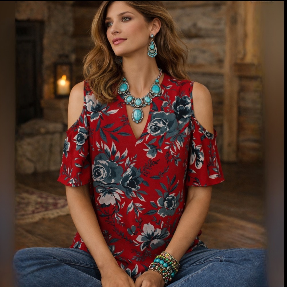 Japna Red Floral Cold Shoulder Blouse Size Small